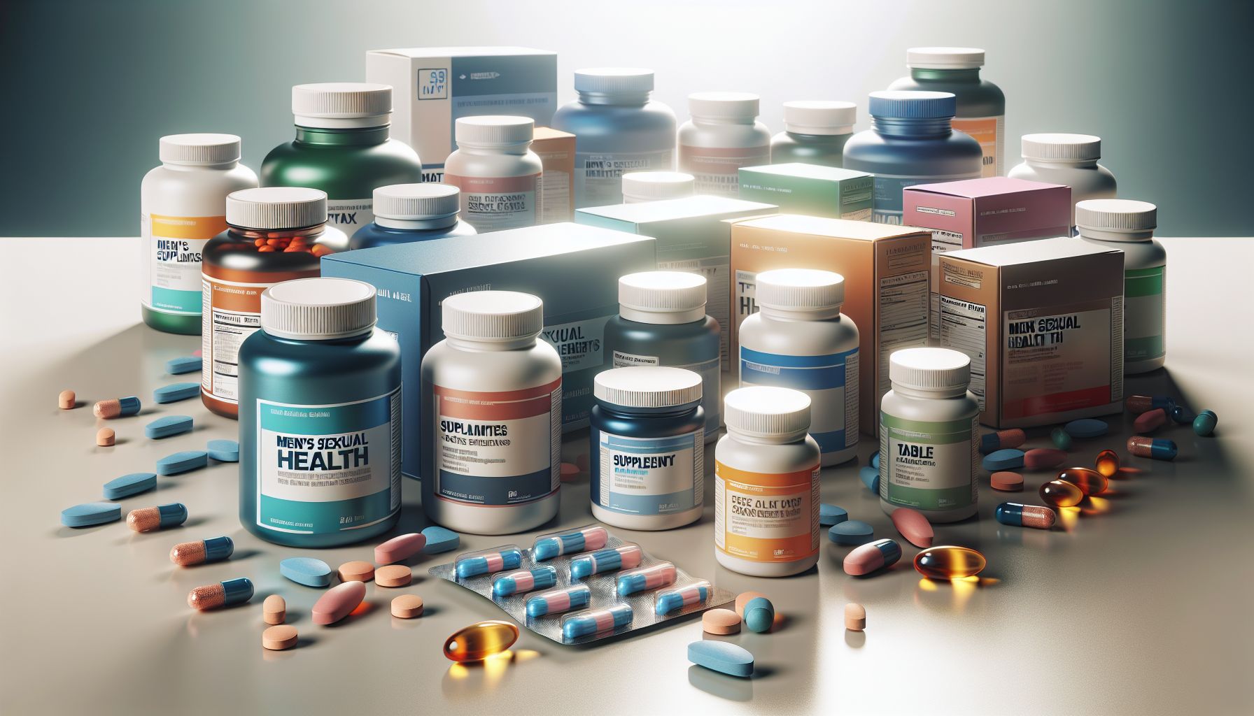 Image of various men's sexual health supplements on a wooden table